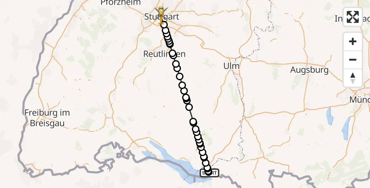 Flugroute Rettungshubschrauber Sigmarszell - Stuttgart, 19 Juni 2026, 10:37