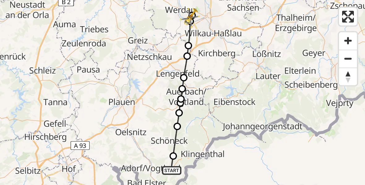 Flugroute Rettungshubschrauber Markneukirchen - Werdau, 19 Juni 2026, 10:40
