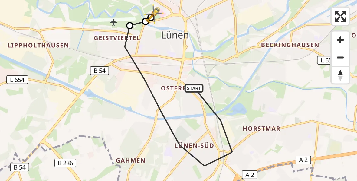 Flugroute Rettungshubschrauber Lünen - Sankt Marien Hospital, 19 Juni 2026, 10:45