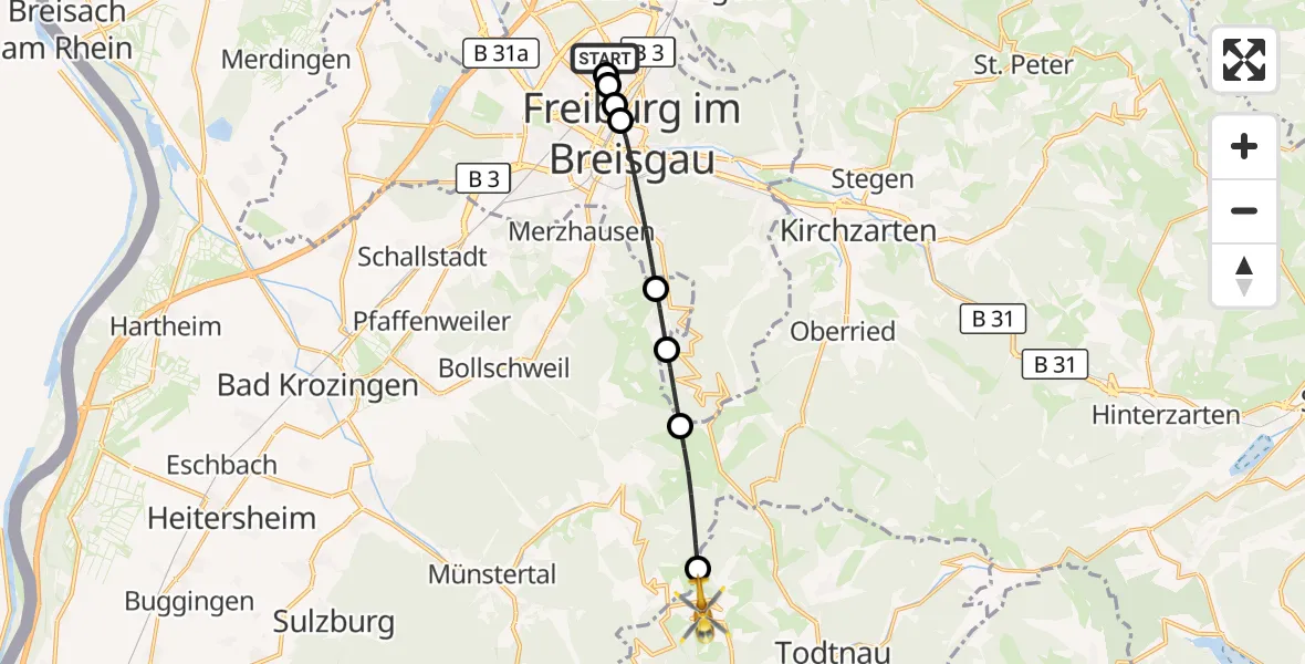 Flugroute Ambulanzhubschrauber Freiburg im Breisgau Flugplatz - Wieden, 19 Juni 2026, 10:45