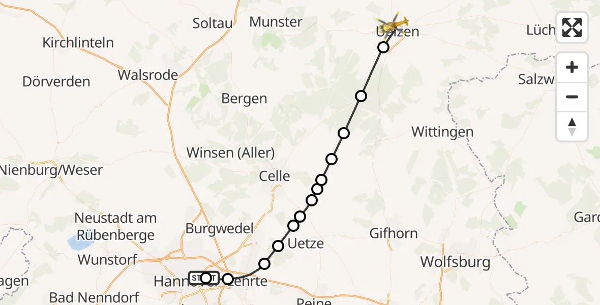 Flugroute Rettungshubschrauber Hannover Luftrettung Hubschrauberlandeplatz (Christoph 4) - Uelzen, 19 Juni 2026, 10:49