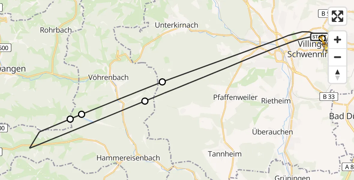 Flugroute Ambulanzhubschrauber Villingen-Schwenningen - DRF Air Rescue Station Villingen-Schwenningen Hubschrauberlandeplatz (Christoph 11), 19 Juni 2026, 10:50
