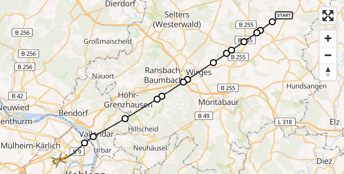 Flugroute Rettungshubschrauber Guckheim - Koblenz, 19 Juni 2026, 10:50