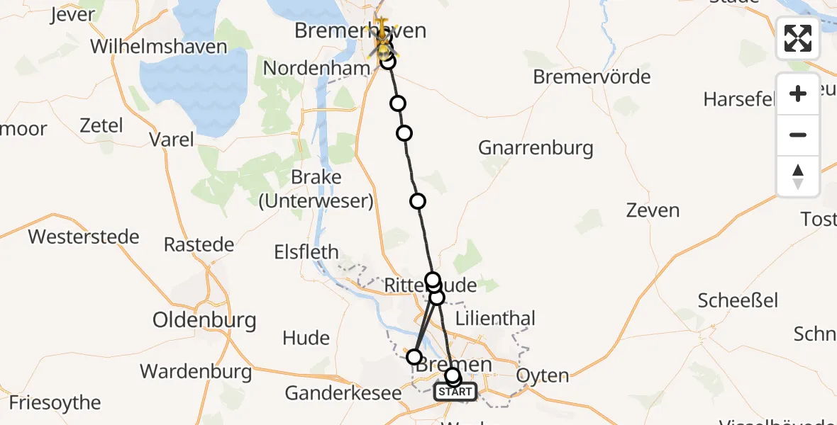 Flugroute Rettungshubschrauber Bremen - Bremerhaven, 19 Juni 2026, 10:51