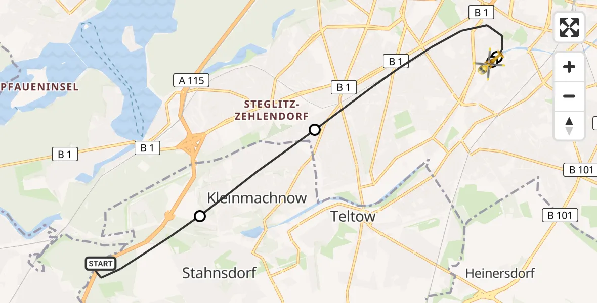 Flugroute Rettungshubschrauber Stahnsdorf - Charité Clinic Benjamin Franklin Campus, 19 Juni 2026, 10:51