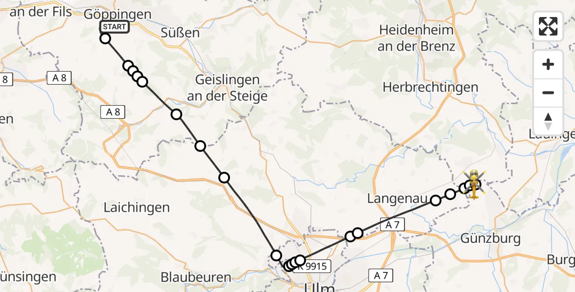 Flugroute Rettungshubschrauber Göppingen - Günzburg, 19 Juni 2026, 10:53