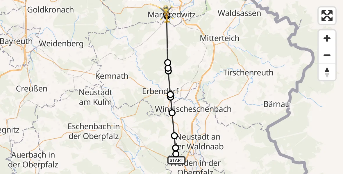 Flugroute Rettungshubschrauber Weiden i.d.OPf. - Fichtelgebirge Hospital Marktredwitz Hubschrauberlandeplatz, 19 Juni 2026, 11:03