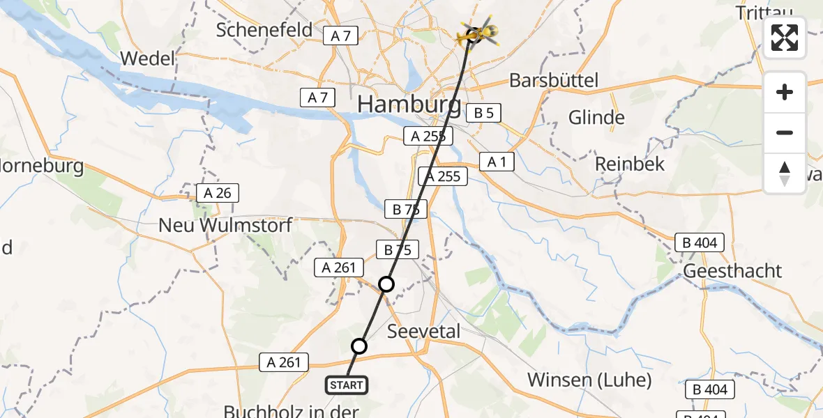 Flugroute Rettungshubschrauber Rosengarten - Hamburg Military Hospital, 19 Juni 2026, 11:04