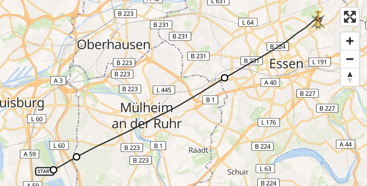 Flugroute Rettungshubschrauber Sana Clinic Duisburg Hubschrauberlandeplatz - Essen, 19 Juni 2026, 11:08
