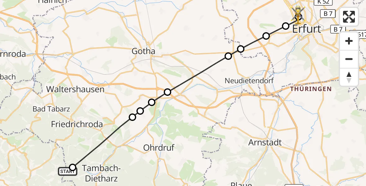 Flugroute Rettungshubschrauber Tambach-Dietharz/Thür.Wald - Helios Clinic Erfurt, 19 Juni 2026, 11:10