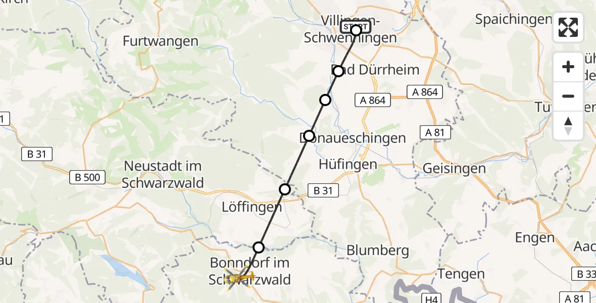 Flugroute Ambulanzhubschrauber DRF Air Rescue Station Villingen-Schwenningen Hubschrauberlandeplatz (Christoph 11) - Bonndorf im Schwarzwald, 19 Juni 2026, 11:15