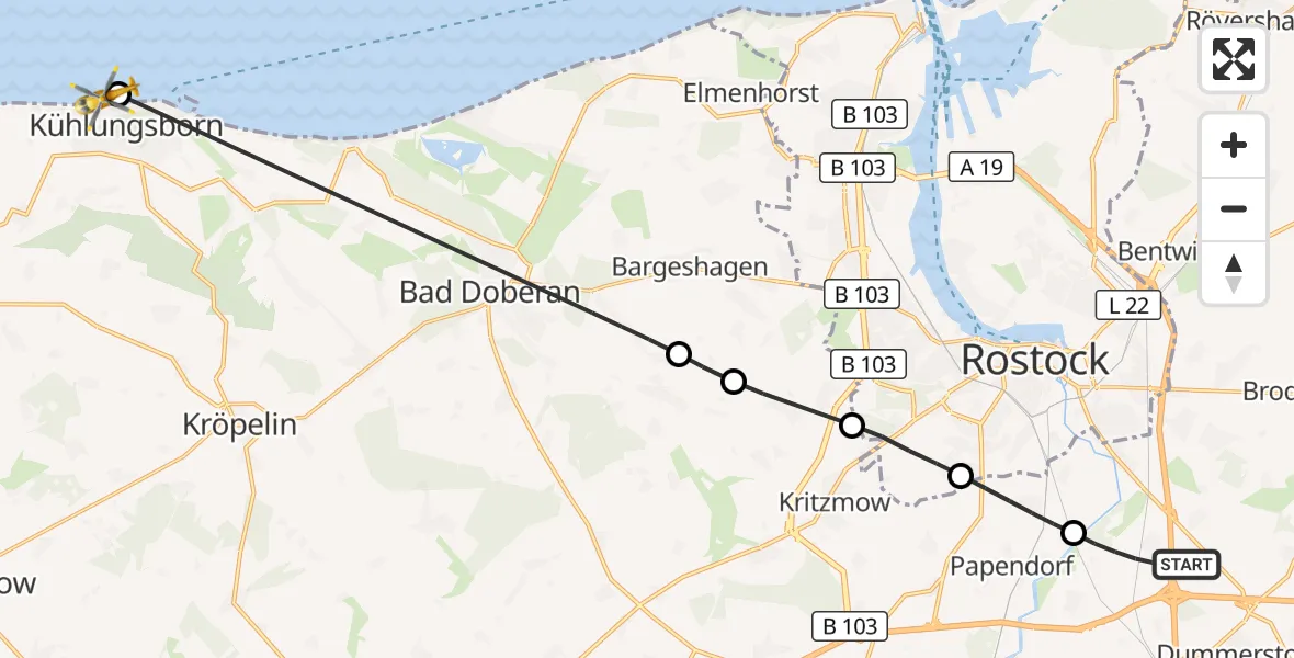 Flugroute Ambulanzhubschrauber Dummerstorf - Kühlungsborn, 19 Juni 2026, 11:23
