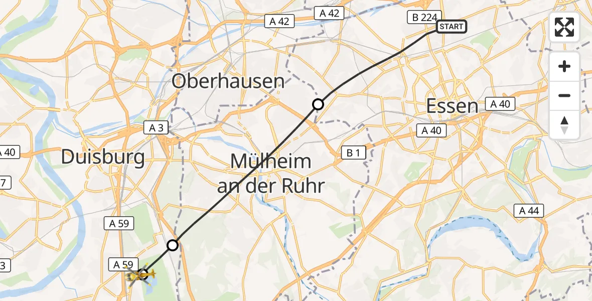 Flugroute Rettungshubschrauber Essen - Duisburg Air Rescue Hubschrauberlandeplatz (Christoph 9), 19 Juni 2026, 11:33