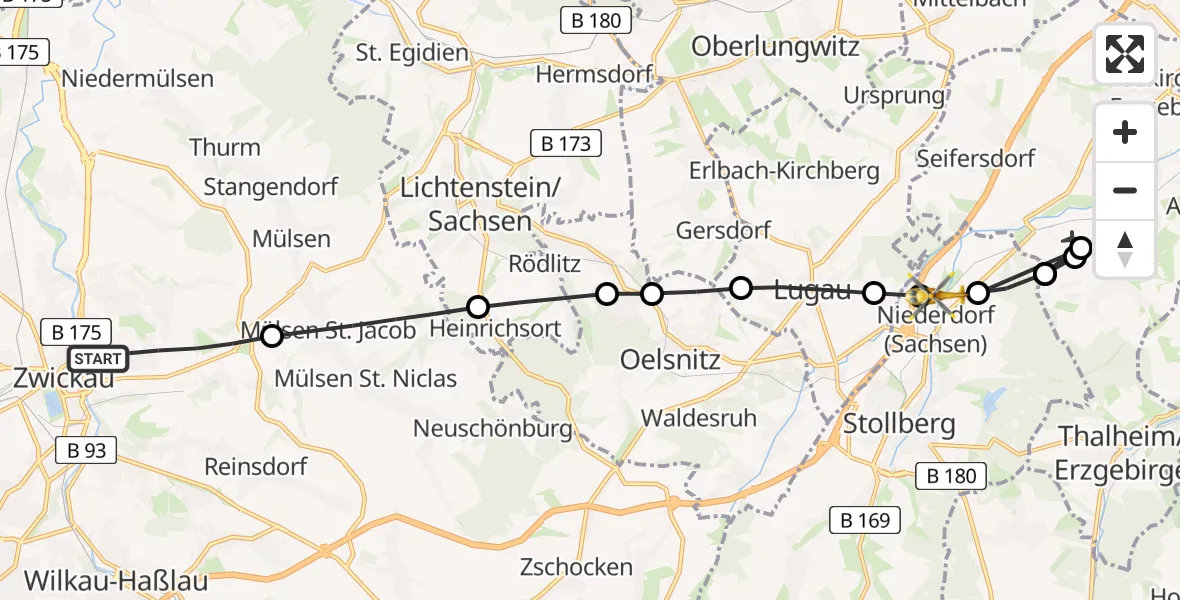Flugroute Rettungshubschrauber Zwickau - Niederdorf, 19 Juni 2026, 11:33