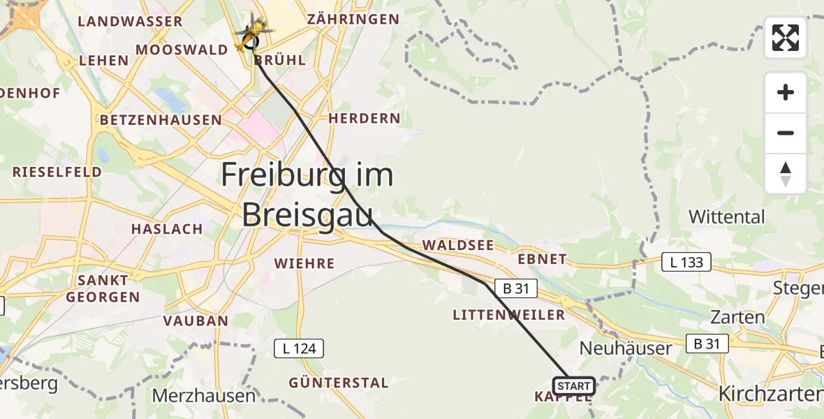Flugroute Ambulanzhubschrauber Freiburg im Breisgau - Freiburg im Breisgau Flugplatz, 19 Juni 2026, 11:33