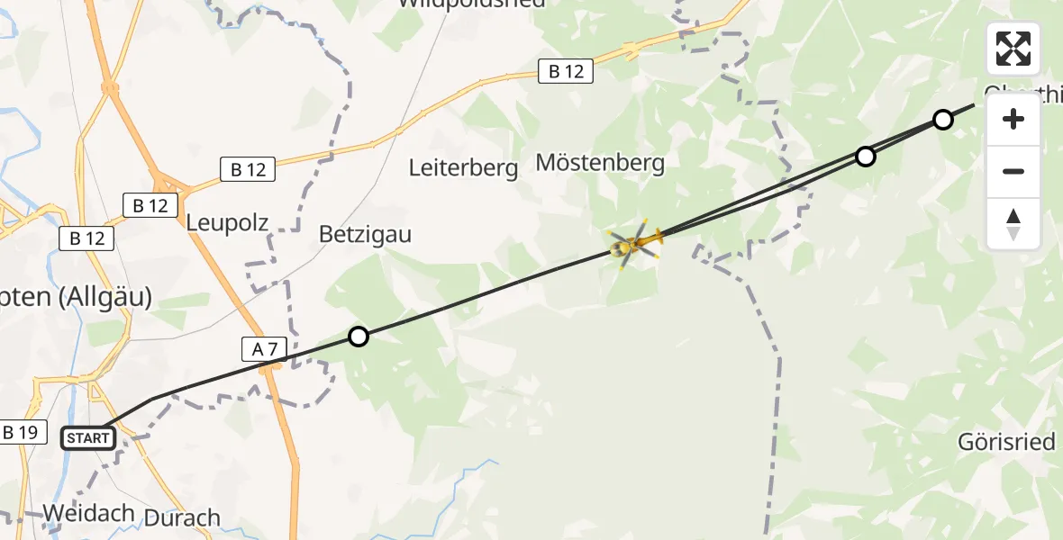 Flugroute Rettungshubschrauber Kempten (Allgäu) - Betzigau, 19 Juni 2026, 11:33
