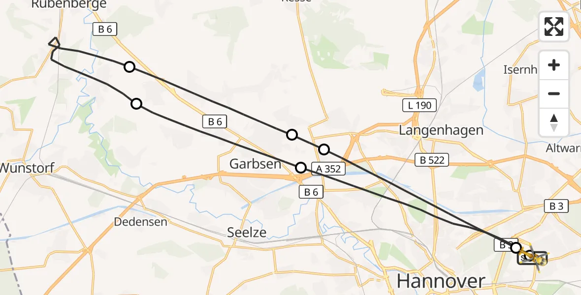 Flugroute Rettungshubschrauber Hannover Luftrettung Hubschrauberlandeplatz (Christoph 4) - Hannover Luftrettung Hubschrauberlandeplatz (Christoph 4), 19 Juni 2026, 11:36