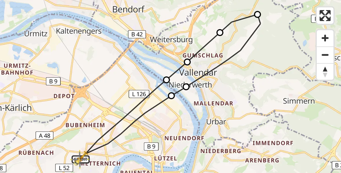 Flugroute Rettungshubschrauber Koblenz - Koblenz, 19 Juni 2026, 11:44