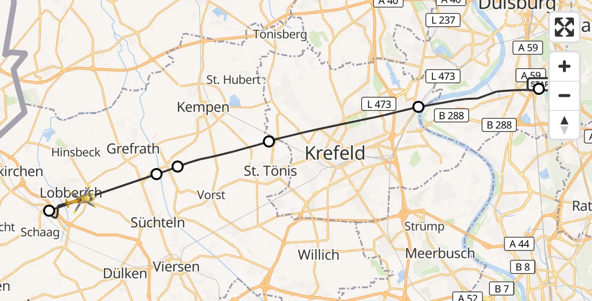 Flugroute Rettungshubschrauber Duisburg Air Rescue Hubschrauberlandeplatz (Christoph 9) - Nettetal, 19 Juni 2026, 11:48