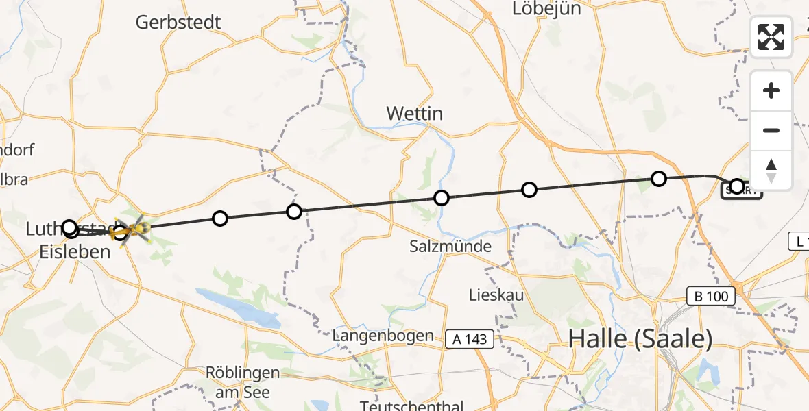 Flugroute Rettungshubschrauber Halle-Oppin Flugplatz - Eisleben, 19 Juni 2026, 11:48