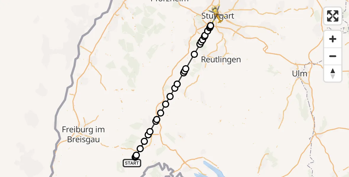 Flugroute Ambulanzhubschrauber Bonndorf im Schwarzwald - Stuttgart, 19 Juni 2026, 11:50