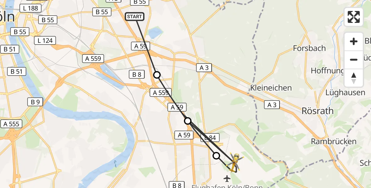 Flugroute Rettungshubschrauber Merheim Hospital - Köln Bonn Flughafen, 19 Juni 2026, 11:56