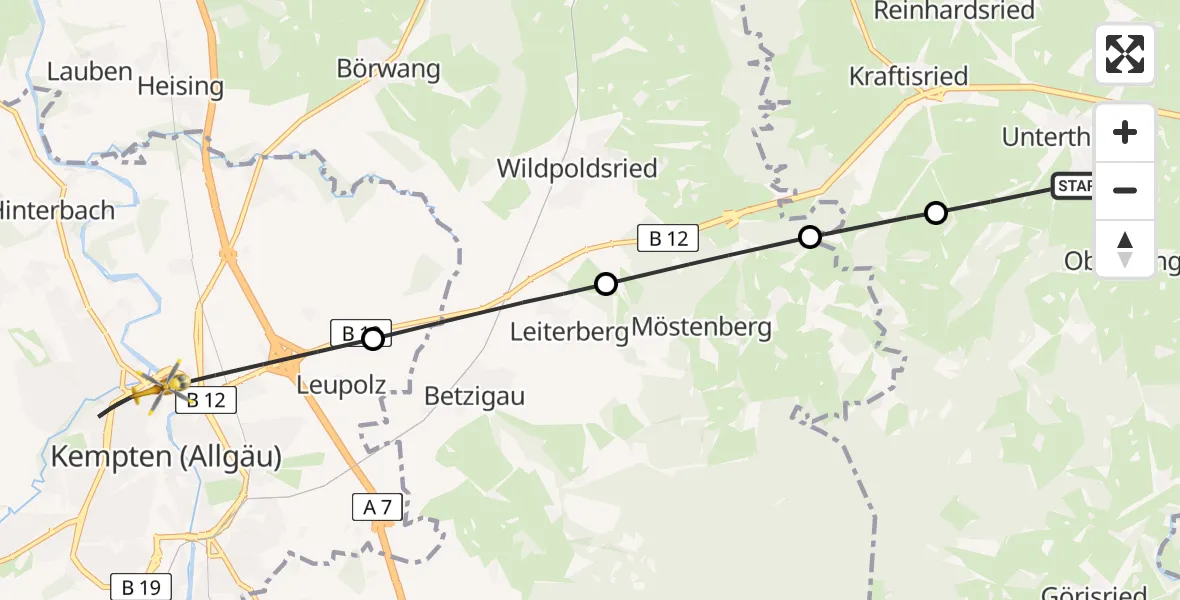 Flugroute Rettungshubschrauber Unterthingau - Kempten (Allgäu), 19 Juni 2026, 12:00