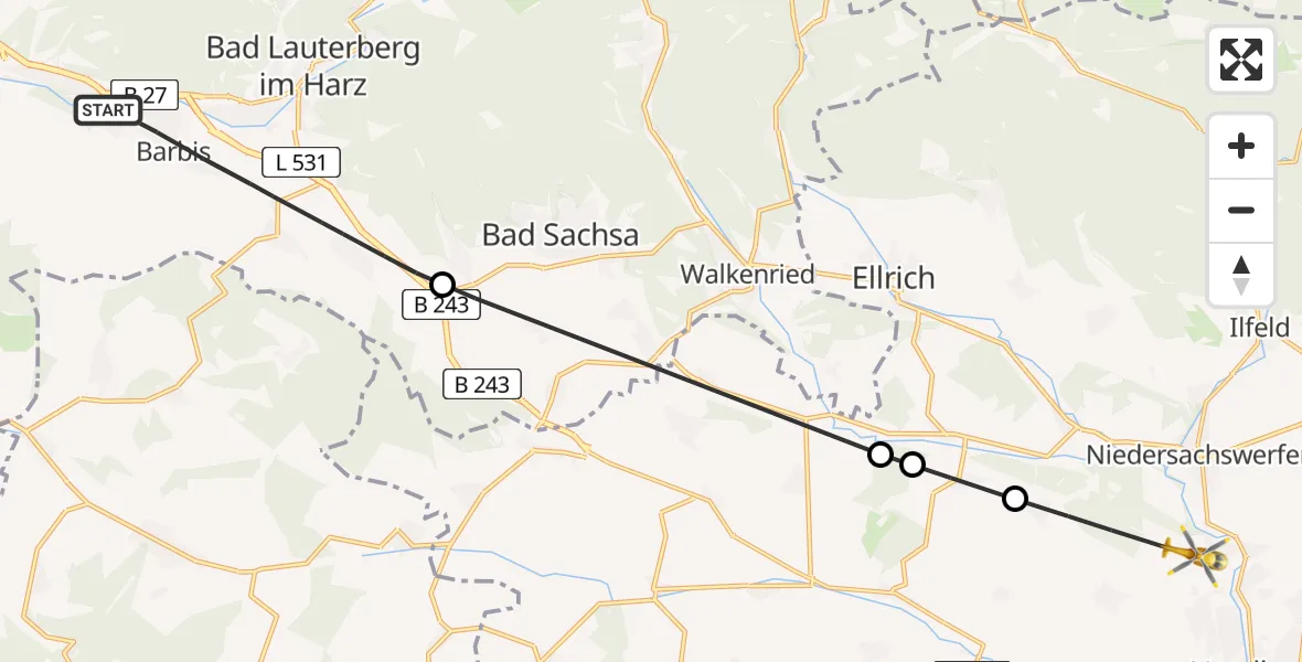 Flugroute Rettungshubschrauber Bad Lauterberg im Harz - Nordhausen, 19 Juni 2026, 12:00