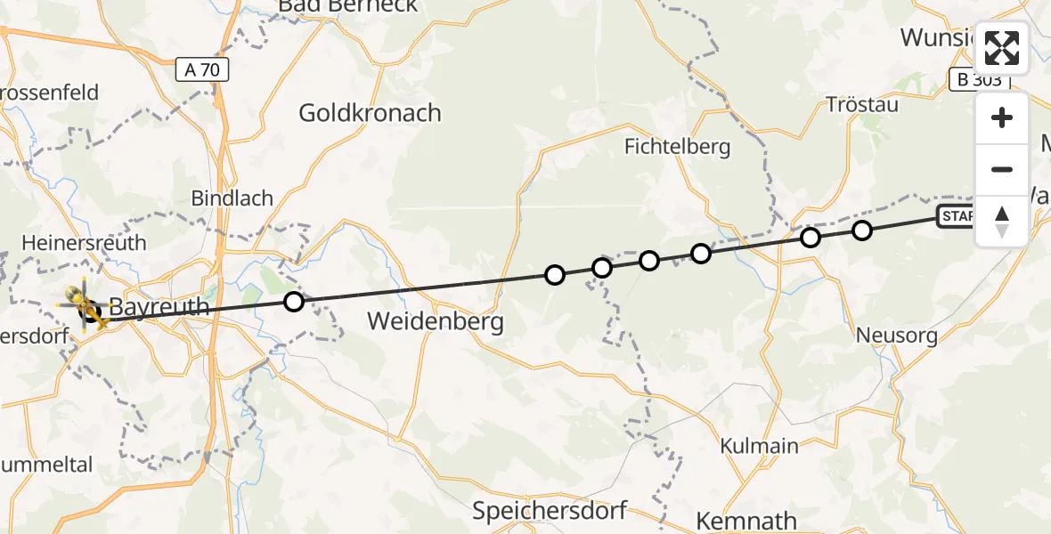 Flugroute Rettungshubschrauber Waldershof - Bayreuth Hospital, 19 Juni 2026, 11:59