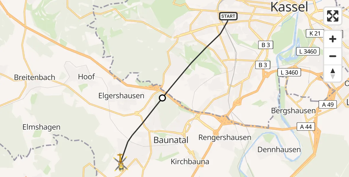 Flugroute Rettungshubschrauber Kassel - Baunatal, 19 Juni 2026, 11:59