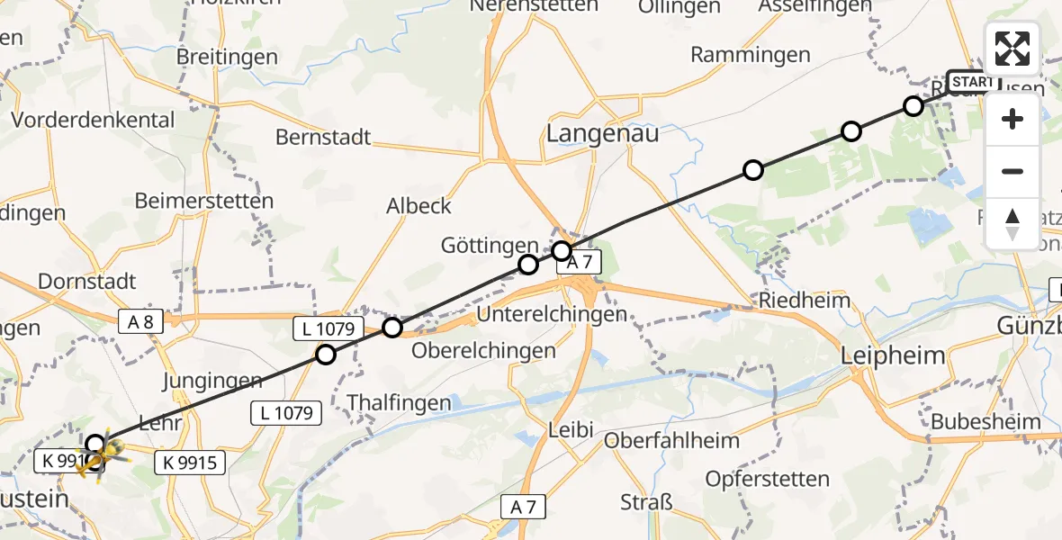 Flugroute Rettungshubschrauber Günzburg - Ulm Military Hospital Emergency, 19 Juni 2026, 12:04