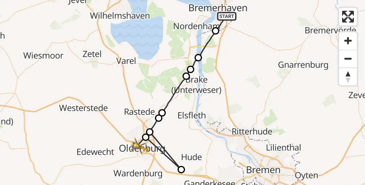 Flugroute Rettungshubschrauber Bremerhaven - Oldenburg (Oldb), 19 Juni 2026, 12:10