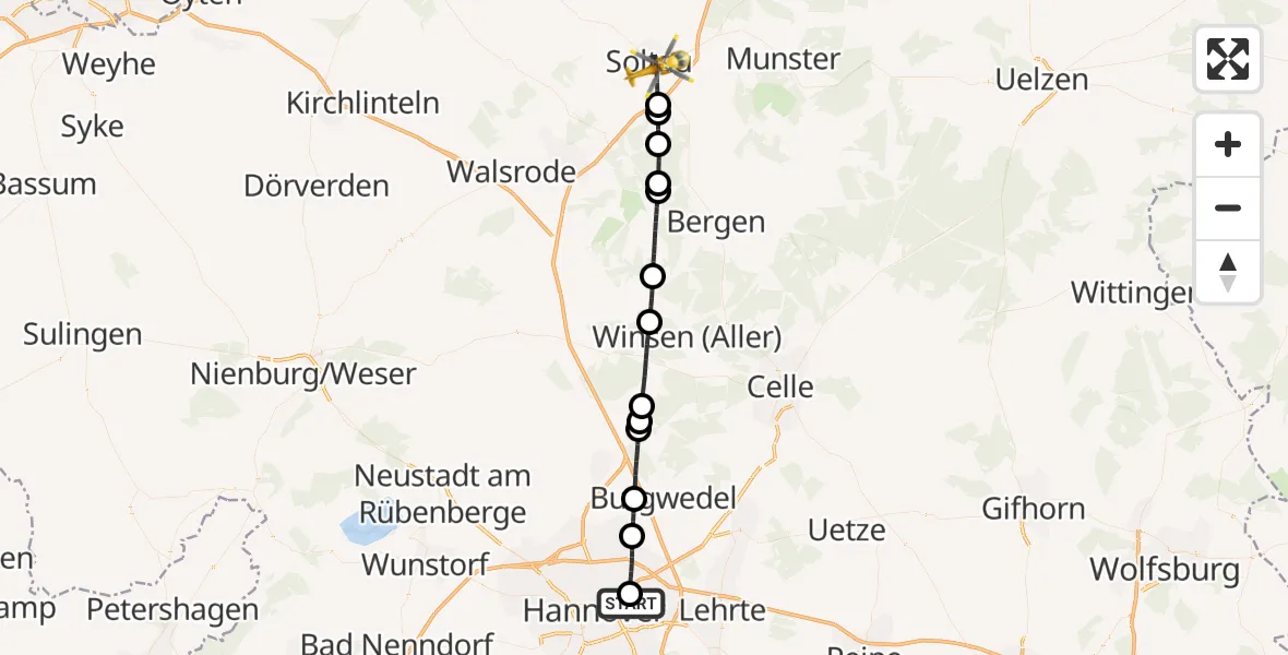 Flugroute Rettungshubschrauber Hannover Luftrettung Hubschrauberlandeplatz (Christoph 4) - Soltau, 19 Juni 2026, 12:15