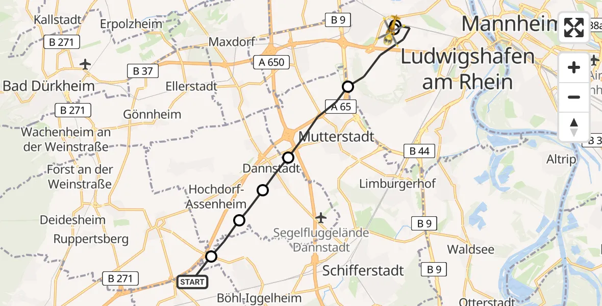 Flugroute Rettungshubschrauber Haßloch - Ludwigshafen Accident Hospital, 19 Juni 2026, 12:16