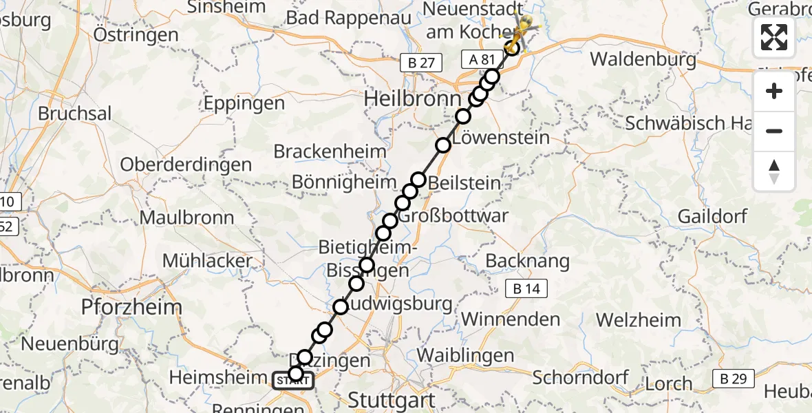 Flugroute Rettungshubschrauber Leonberg Hospital - Langenbrettach, 19 Juni 2026, 12:16