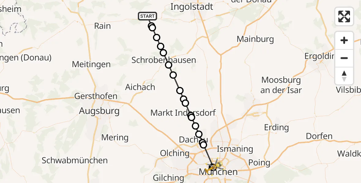 Flugroute Rettungshubschrauber Neuburg a.d.Donau - Deutsches Herzzentrum München, 19 Juni 2026, 12:17