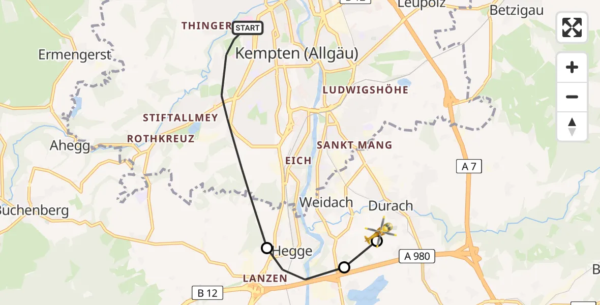 Flugroute Rettungshubschrauber Kempten (Allgäu) - Kempten-Durach Flugplatz, 19 Juni 2026, 12:25