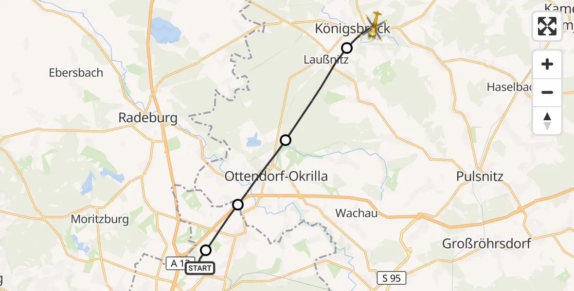 Flugroute Rettungshubschrauber Dresden Flughafen - Königsbrück, 19 Juni 2026, 12:33