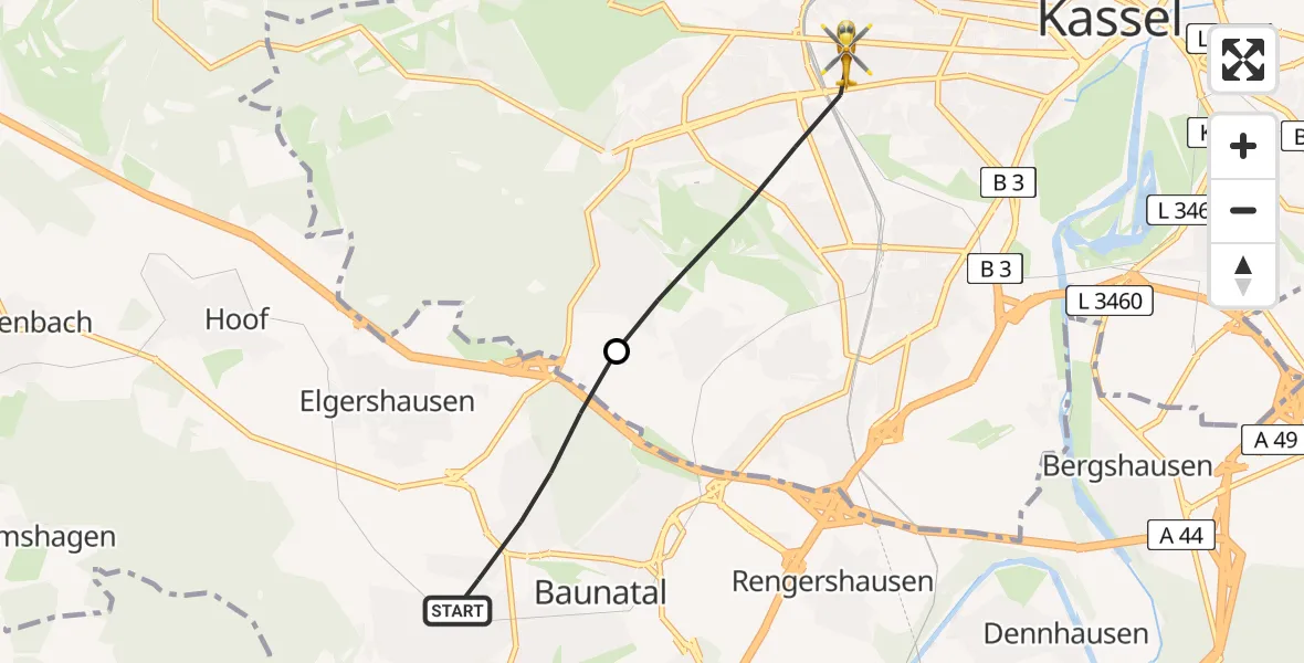 Flugroute Rettungshubschrauber Baunatal - Kassel, 19 Juni 2026, 12:37