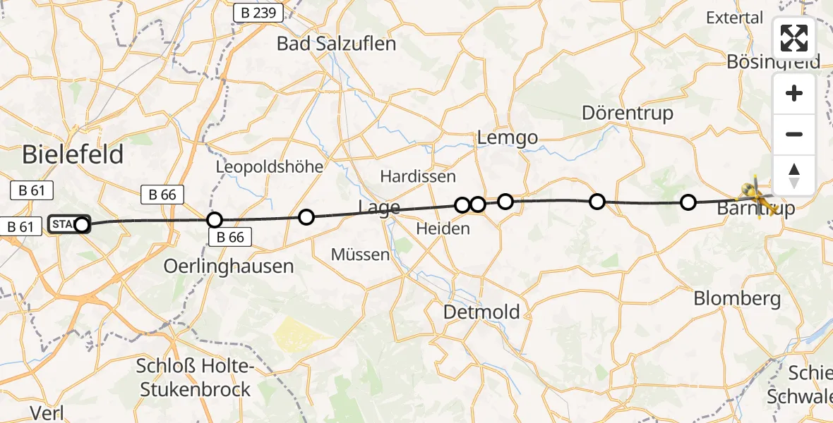 Flugroute Rettungshubschrauber Luftrettungszentrum Bielefeld - Barntrup, 19 Juni 2026, 12:41