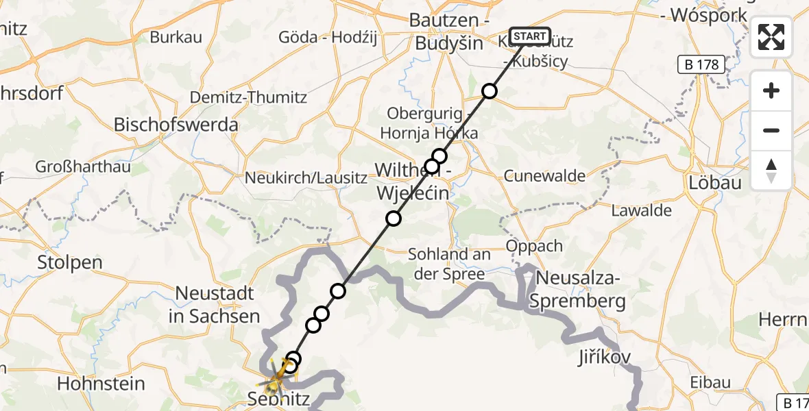 Flugroute Rettungshubschrauber Kubschütz - Saxon Switzerland Clinic Sebnitz Hubschrauberlandeplatz, 19 Juni 2026, 12:42