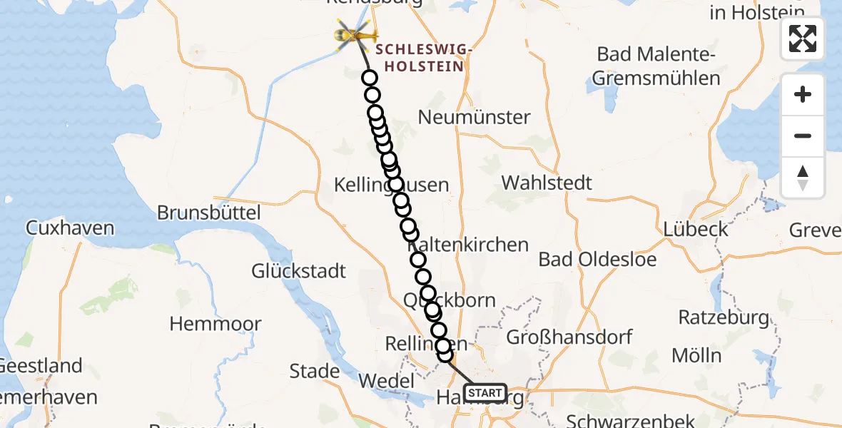 Flugroute Ambulanzhubschrauber Hamburg - Hörsten, 19 Juni 2026, 12:43