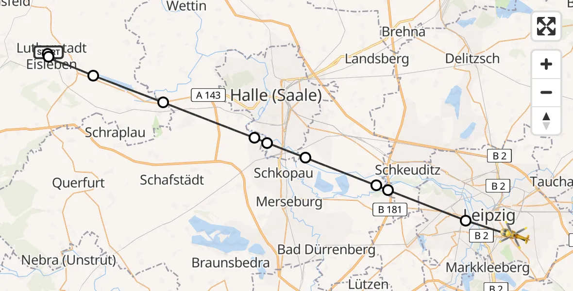 Flugroute Rettungshubschrauber Helios Hospital Lutherstadt Eisleben - Leipzig, 19 Juni 2026, 12:50