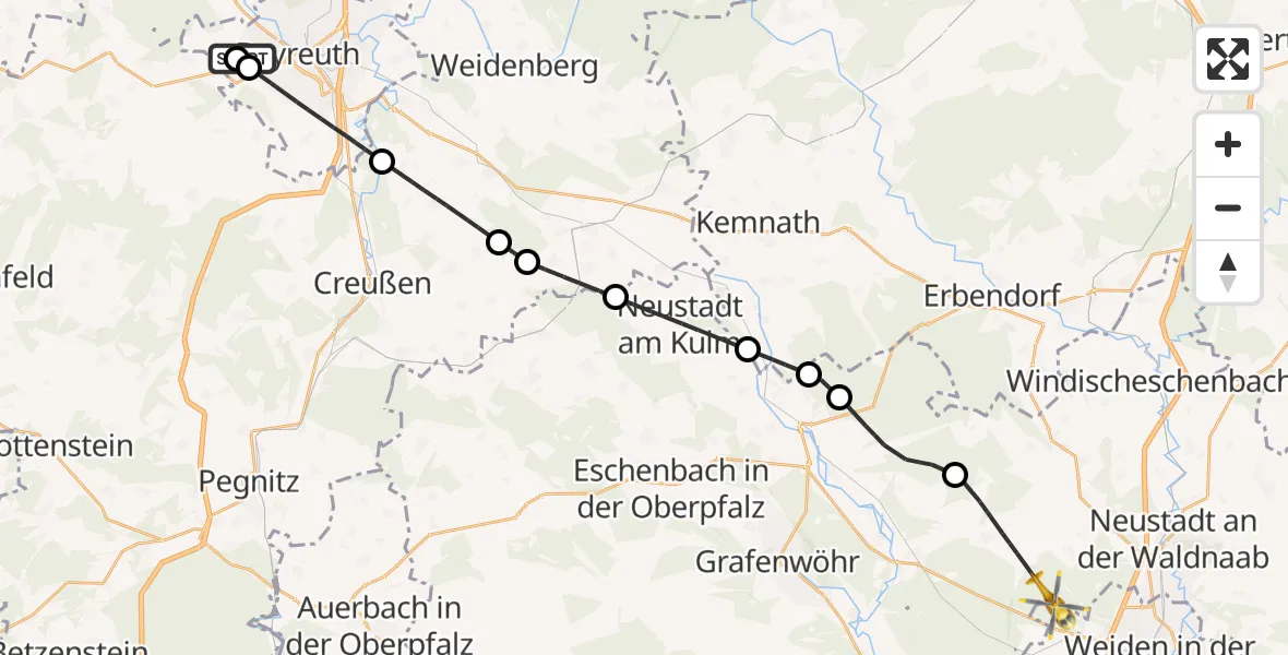 Flugroute Rettungshubschrauber Bayreuth Hospital - Parkstein, 19 Juni 2026, 12:51