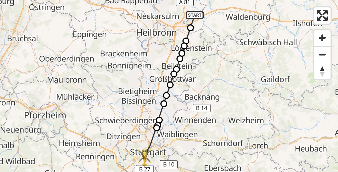 Flugroute Rettungshubschrauber Bretzfeld - Stuttgart, 19 Juni 2026, 12:52