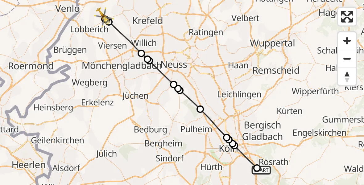 Flugroute Rettungshubschrauber Köln Bonn Flughafen - Grefrath, 19 Juni 2026, 12:53