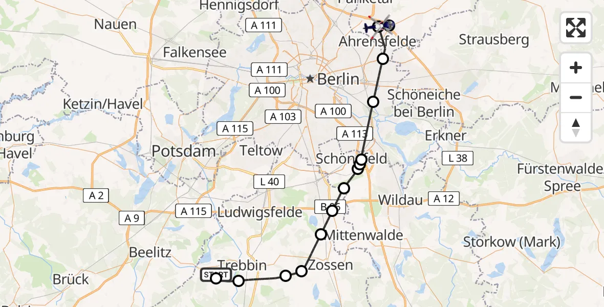 Flugroute Polizeihubschrauber Trebbin - Ahrensfelde Hubschrauberlandeplatz, 19 Juni 2026, 12:54