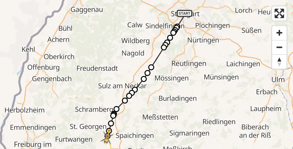 Flugroute Ambulanzhubschrauber Stuttgart - DRF Air Rescue Station Villingen-Schwenningen Hubschrauberlandeplatz (Christoph 11), 19 Juni 2026, 12:55