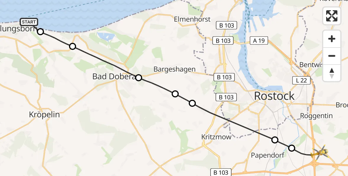 Flugroute Ambulanzhubschrauber Kühlungsborn - Dummerstorf, 19 Juni 2026, 12:57