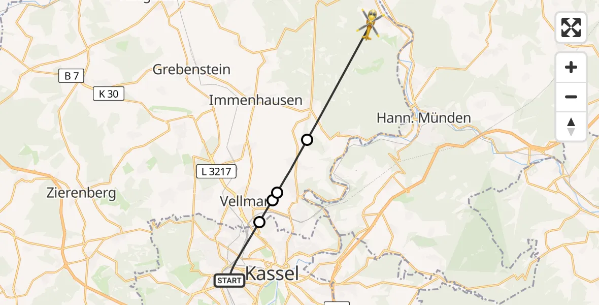 Flugroute Rettungshubschrauber Kassel - Reinhardshagen, 19 Juni 2026, 13:00